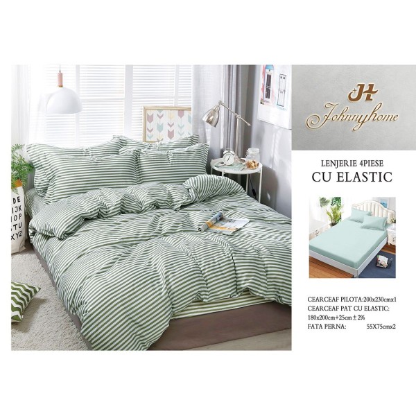 Lenjerie pat dublu, Bumbac Satinat Superior, 4 piese, cu ELASTIC, Verde-Alb, linii, LDBSE-056