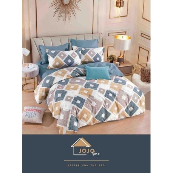 Set Lenjerie de Pat din Finet cu 2 Fete, 6 Piese, Pat 2 Persoane,  Albastru-Crem, romburi, LDF-055