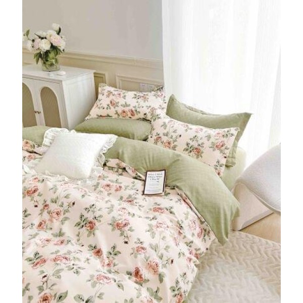 Set Lenjerie de Pat din Finet cu 2 Fete, 6 Piese, Pat 2 Persoane, Crem-Multicolor, flori, LDF-116