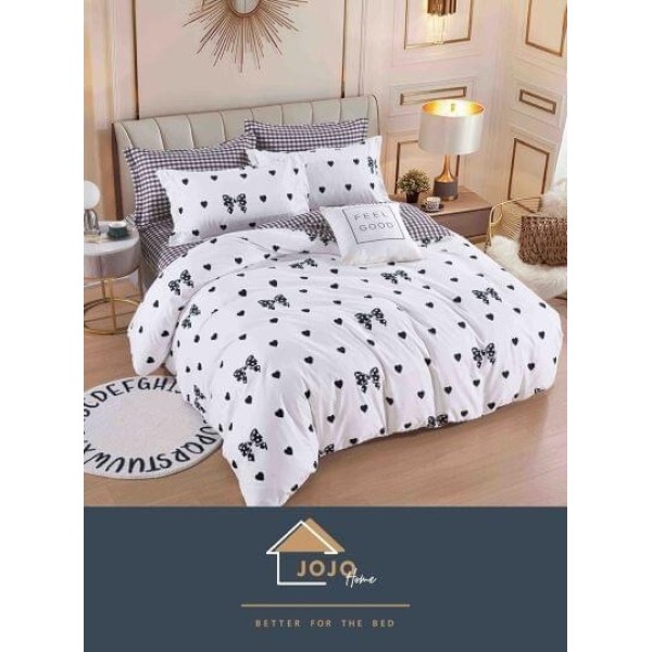 Set Lenjerie de Pat din Finet cu 2 Fete, 6 Piese, Pat 2 Persoane, Alb-Negru, inimioare, LDF-068