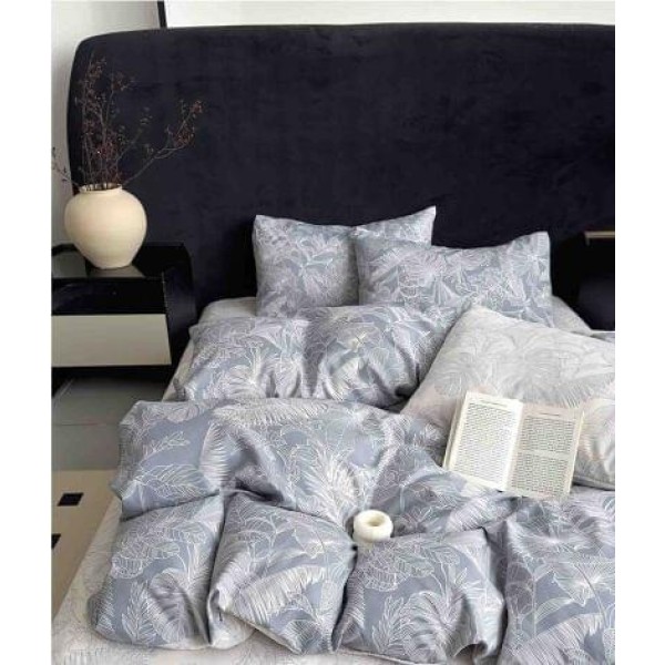 Set Lenjerie de Pat din Finet cu 2 Fete, 6 Piese, Pat 2 Persoane, Blue-Alb, frunze, LDF-073