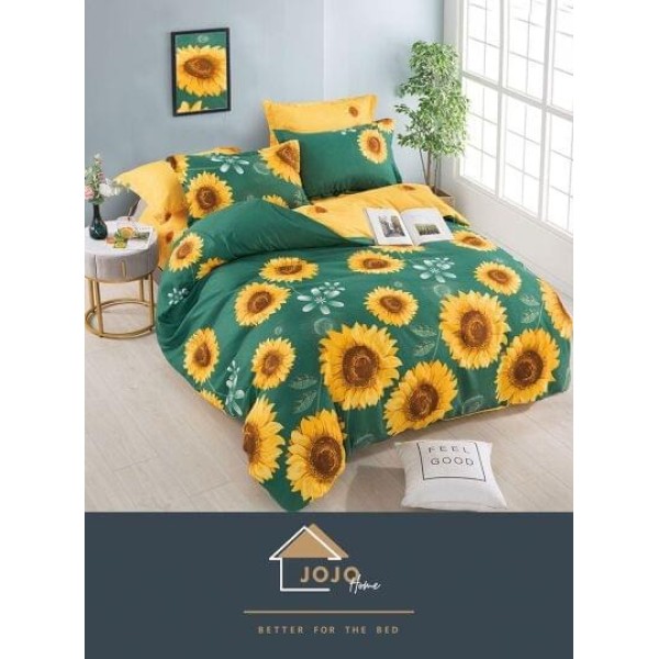 Set Lenjerie de Pat din Finet cu 2 Fete, 6 Piese, Pat 2 Persoane, Verde-Galben, flori, LDF-121