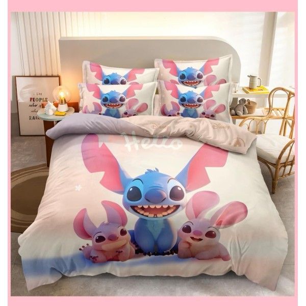 Lenjerie pat dublu, 6 piese, bumbac-finet, Crem-Multicolor, Stitch, LCC-031