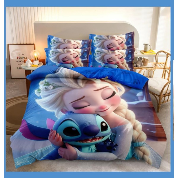 Lenjerie pat dublu, 6 piese, bumbac-finet, Albastru-Multicolor, Stitch&Elsa, LCC-008