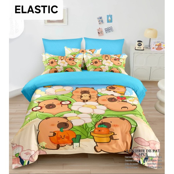 Lenjerie pat dublu, 6 piese, bumbac-finet, cu ELASTIC, Albastru-Multicolor, CAPYBARA, LCC-009