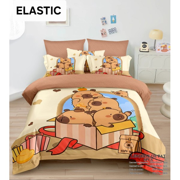 Lenjerie pat dublu, 6 piese, bumbac-finet, cu ELASTIC, Maro-Multicolor, CAPYBARA, LCC-032