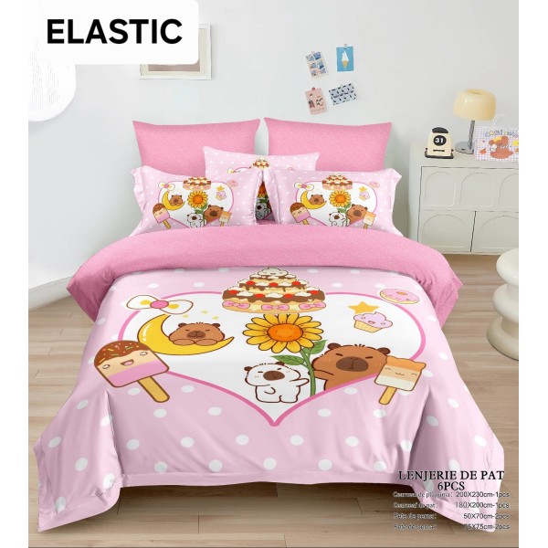 Lenjerie pat dublu, 6 piese, bumbac-finet, cu ELASTIC, Roz-Multicolor, CAPYBARA, LCC-035