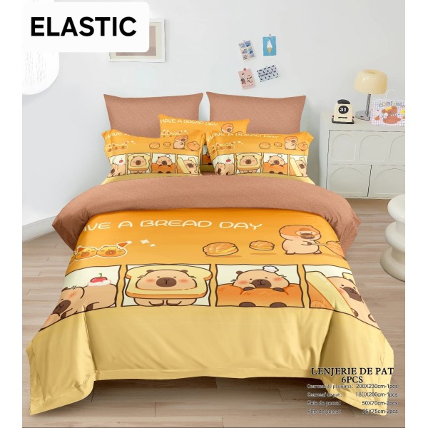 Lenjerie pat dublu, 6 piese, bumbac-finet, cu ELASTIC, Bej-Multicolor, CAPYBARA, LCC-036