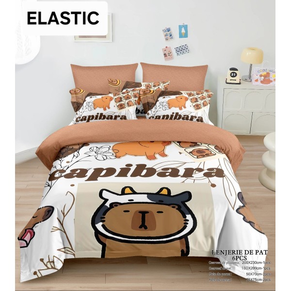 Lenjerie pat dublu, 6 piese, bumbac-finet, cu ELASTIC, Alb-Multicolor, CAPYBARA, LCC-037