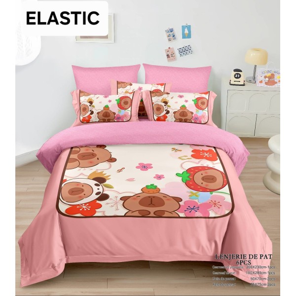 Lenjerie pat dublu, 6 piese, bumbac-finet, cu ELASTIC, Roz-Multicolor, CAPYBARA, LCC-039