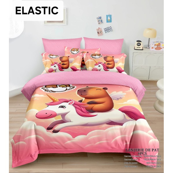 Lenjerie pat dublu, 6 piese, bumbac-finet, cu ELASTIC, Roz-Multicolor, CAPYBARA, LCC-042