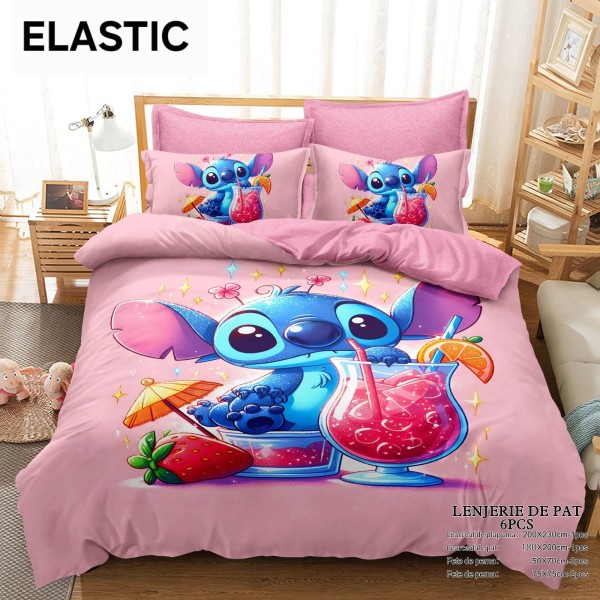 Lenjerie pat dublu, 6 piese, bumbac-finet, cu ELASTIC, Roz-Multicolor, Stitch, LCC-027