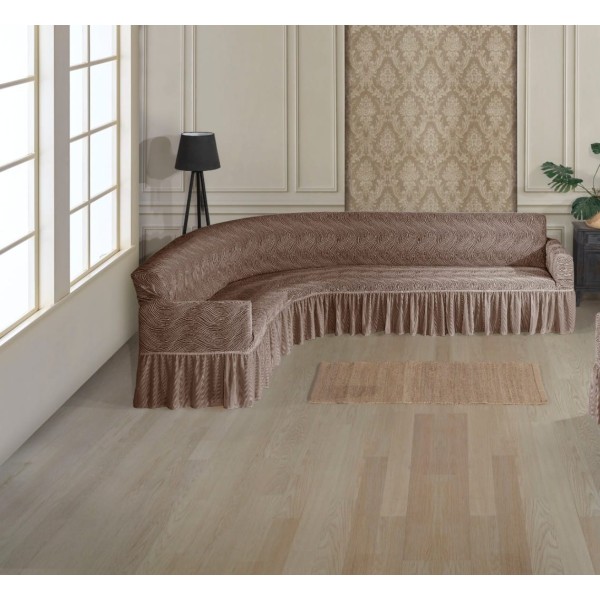 Husa elastica pentru coltar, model Jacquard, cu volanas, Maro deschis, HCJ-050