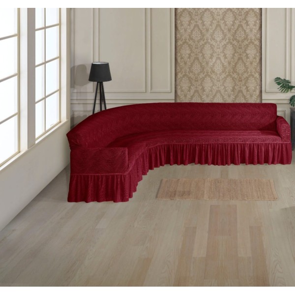 Husa elastica pentru coltar, model Jacquard, cu volanas, Bordo, HCJ-053