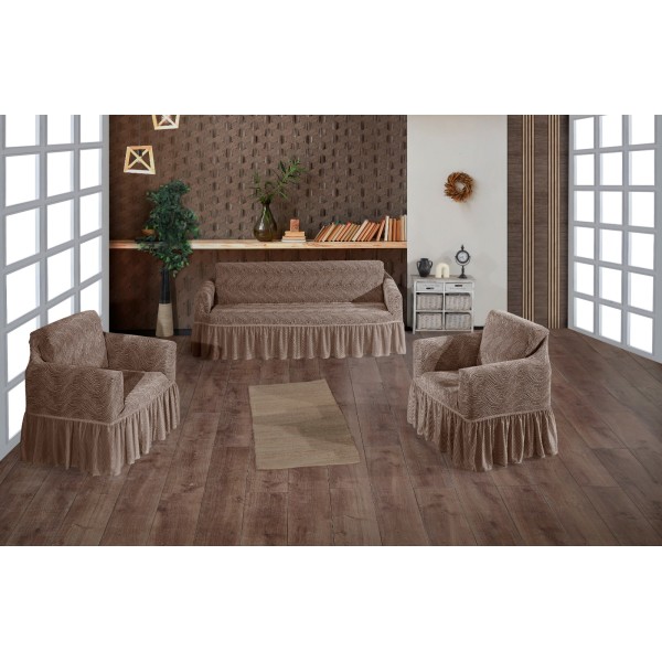 Set huse pentru canapea 3 Locuri si 2 fotolii, cu volanas, model Jacquard, Maro inchis, HCJ-055