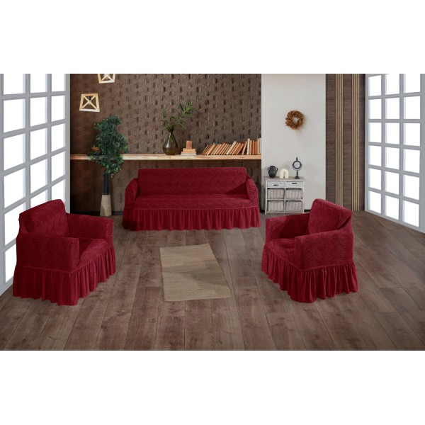 Set huse pentru canapea 3 Locuri si 2 fotolii, cu volanas, model Jacquard, Bordo, HCJ-057