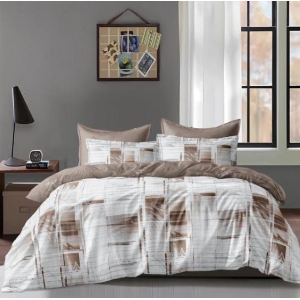 Lenjerie pat dublu, 4 piese, Bumbac Satinat Superior, Bej-Alb, patratele, LDBS-286