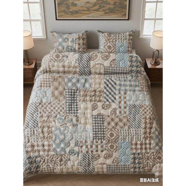 Set Pilota Matlasată 2 Fețe + 2 Fețe de Pernă, Bej-Multicolor, hexagon, PMV-001