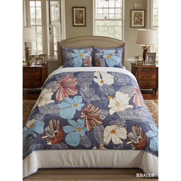 Set pilota de vară cu 2 fețe + 2 fețe de pernă – model floral tropical, albastru închis, PMV-009