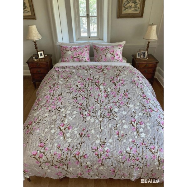 Set pilota de vară cu 2 fețe + 2 fețe de pernă – model floral roz, gri-bej, PMV-010