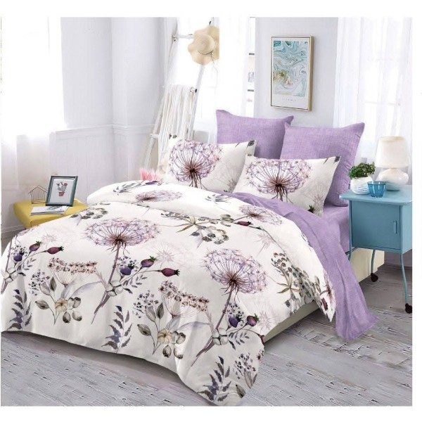 Set Lenjerie de Pat din Finet cu 2 Fete, 6 Piese, Pat 2 Persoane, Alb-Lila, flori, OLD-015