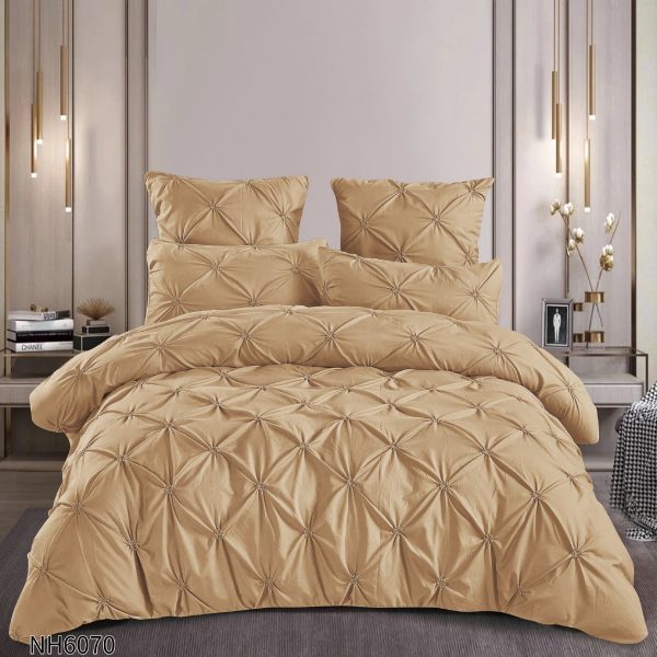 Lenjerie pat dublu finet 6 piese cu pliuri și cearceaf cu elastic-Bej, LDI-093