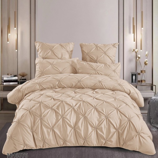 Lenjerie pat dublu finet 6 piese cu pliuri și cearceaf cu elastic-Bej deschis, LDI-094