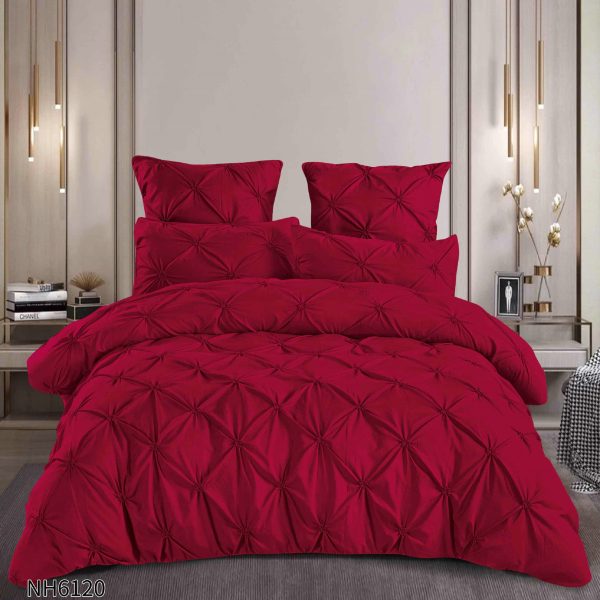 Lenjerie pat dublu finet 6 piese cu pliuri și cearceaf cu elastic-Visiniu, LDI-095