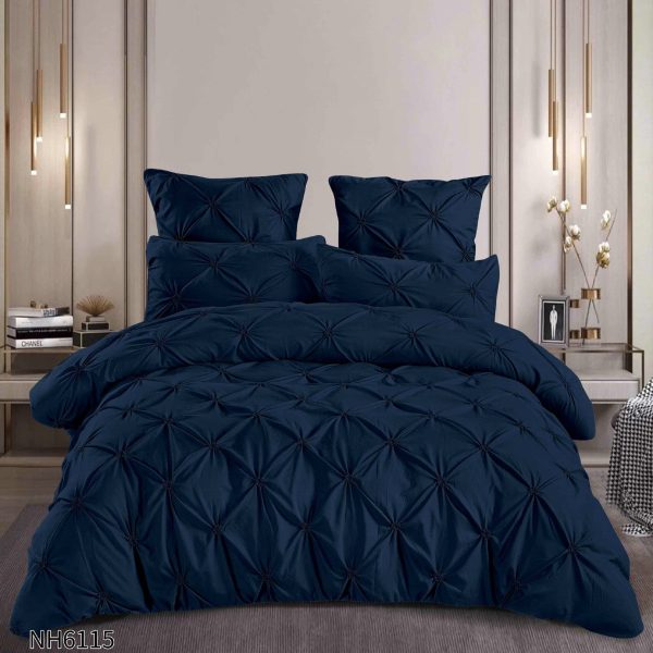 Lenjerie pat dublu finet 6 piese cu pliuri și cearceaf cu elastic-Bleumarin, LDI-096