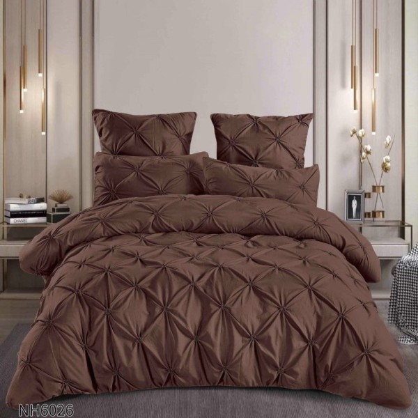 Lenjerie pat dublu finet 6 piese cu pliuri și cearceaf cu elastic-Maro, LDI-097