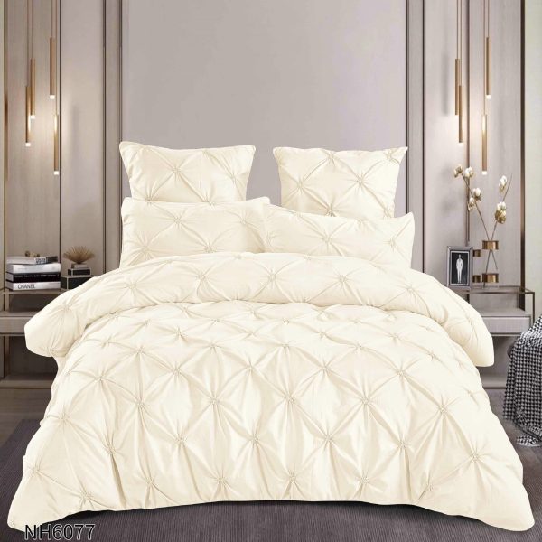 Lenjerie pat dublu finet 6 piese cu pliuri și cearceaf cu elastic-Crem, LDI-098