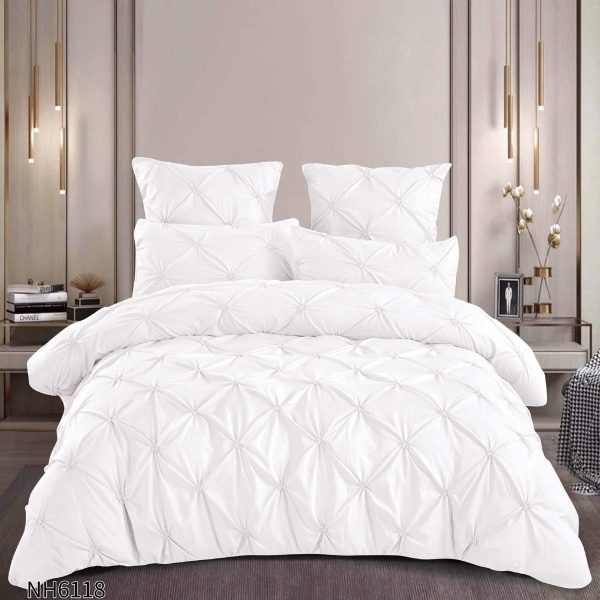 Lenjerie pat dublu finet 6 piese cu pliuri și cearceaf cu elastic-Alb, LDI-099 Lenjerie pat dublu finet 6 piese cu pliuri și cearceaf cu elastic-Alb, LDI-099