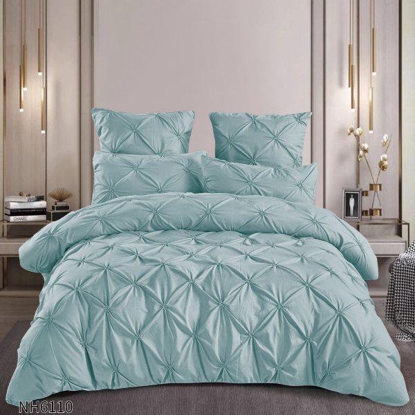 Lenjerie pat dublu finet 6 piese cu pliuri și cearceaf cu elastic-Verde menta deschis, LDI-100