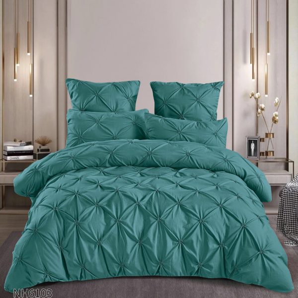 Lenjerie pat dublu finet 6 piese cu pliuri și cearceaf cu elastic-Verde smarald, LDI-101