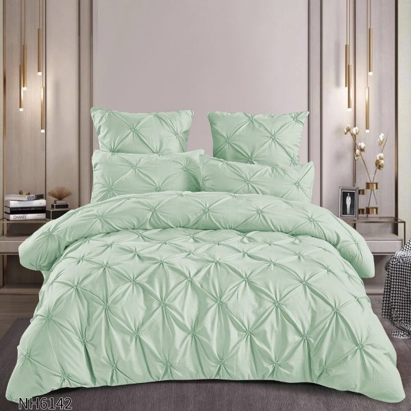 Lenjerie pat dublu finet 6 piese cu pliuri și cearceaf cu elastic-Verde pastel, LDI-102