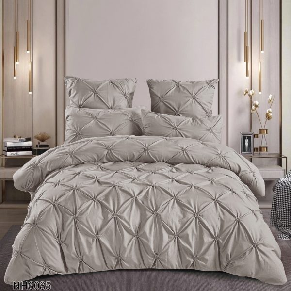 Lenjerie pat dublu finet 6 piese cu pliuri și cearceaf cu elastic-Gri deschis, LDI-103