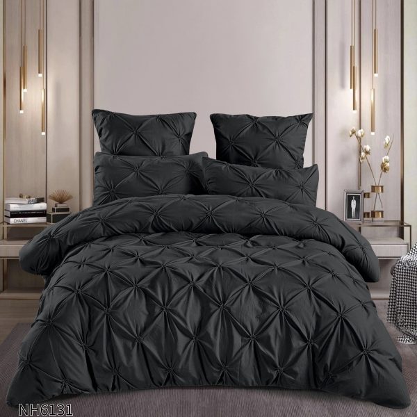 Lenjerie pat dublu finet 6 piese cu pliuri și cearceaf cu elastic-Negru, LDI-104