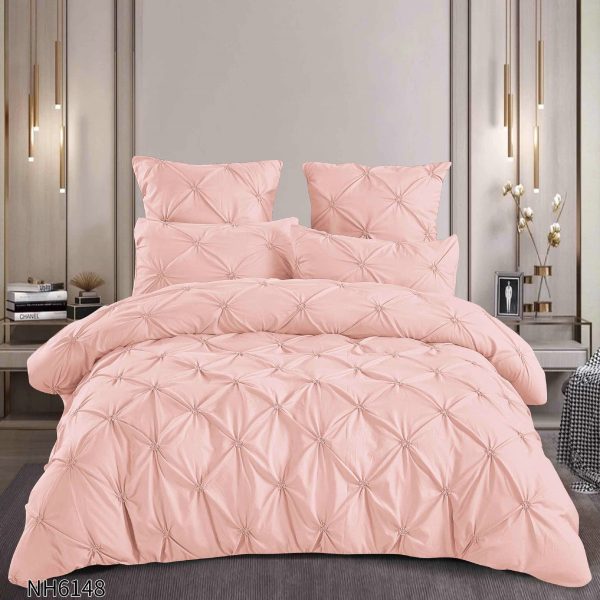 Lenjerie pat dublu finet 6 piese cu pliuri și cearceaf cu elastic-Roz pudrat, LDI-105