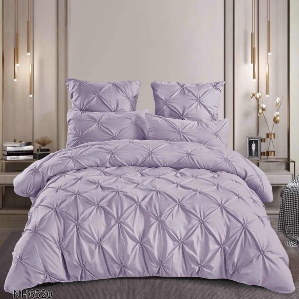 Lenjerie pat dublu finet 6 piese cu pliuri și cearceaf cu elastic-Lila deschis, LDI-106