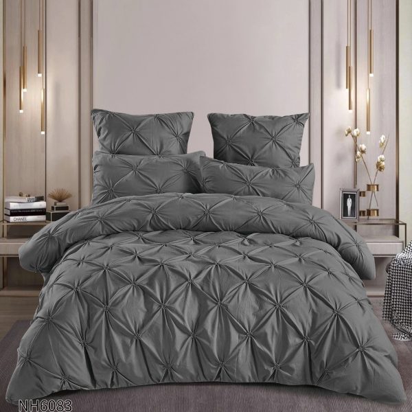 Lenjerie pat dublu finet 6 piese cu pliuri și cearceaf cu elastic-Gri inchis, LDI-107