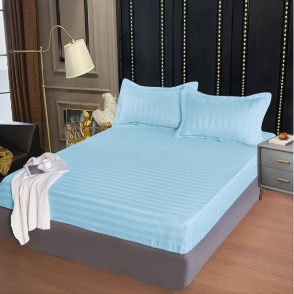 Set cearșaf cu elastic 160x200 cm din damasc finetat + 2 fețe de pernă–blue, LFD-012