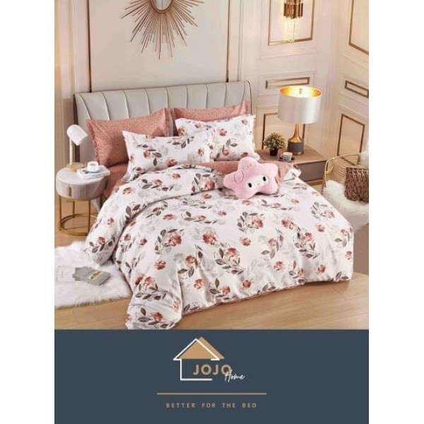 Lenjerie pat dublu 6 piese finet cu cearșaf cu elastic – imprimeu floral roz pastel, LDE-177