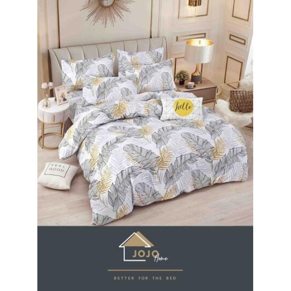 Lenjerie pat dublu 6 piese finet cu cearșaf cu elastic – model tropical gri-galben, LDE-070