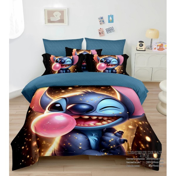 Lenjerie Pat Dublu Finet 4 Piese cu Elastic – Stitch cu Balon Roz și Stele Aurii, LCC-106