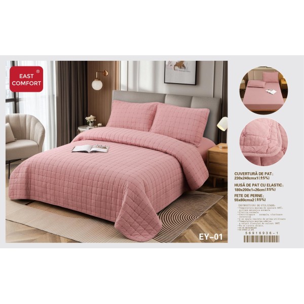 Set cuvertură matlasată 4 piese cu husă de pat cu elastic și fețe de pernă – Roz prafuit, CSV 037