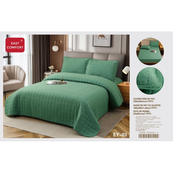 Set cuvertură matlasată 4 piese cu husă de pat cu elastic și fețe de pernă – Verde smarald, CSV 038