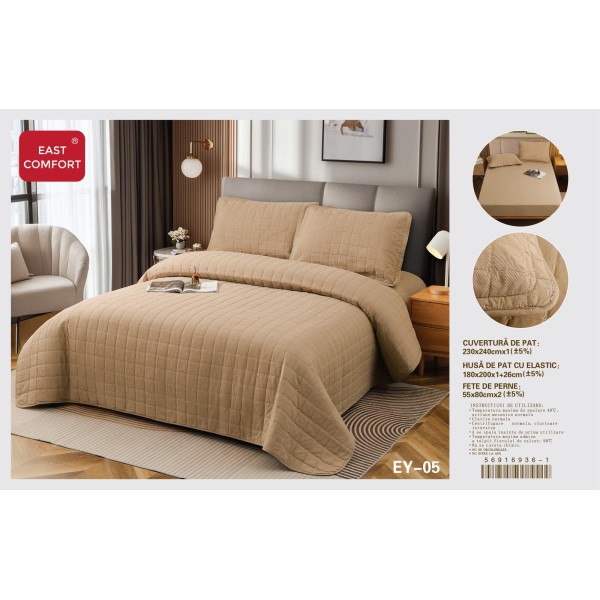 Set cuvertură matlasată 4 piese cu husă de pat cu elastic și fețe de pernă – Bej cald, CSV 040