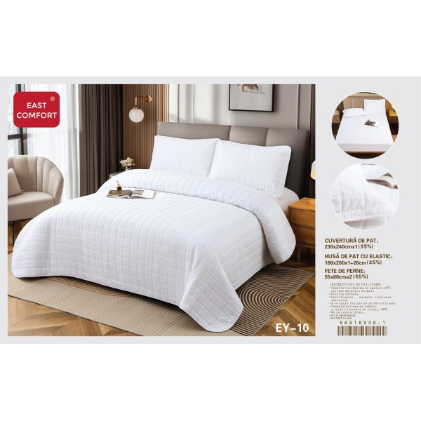 Set cuvertură matlasată 4 piese cu husă de pat cu elastic și fețe de pernă – Alb, CSV 041