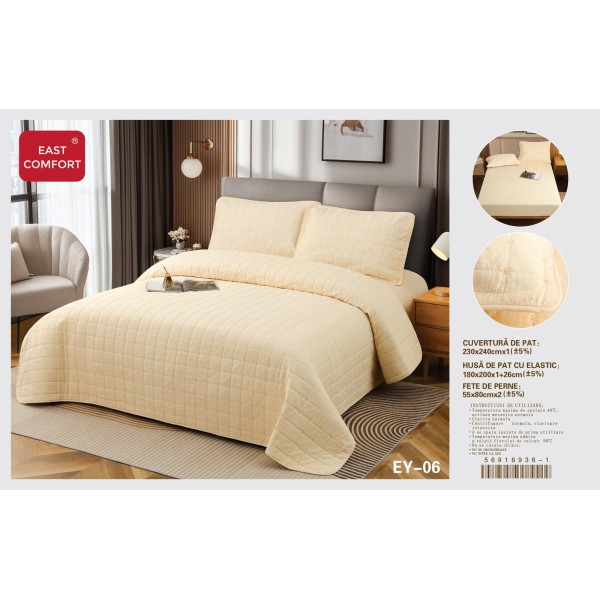 Set cuvertură matlasată 4 piese cu husă de pat cu elastic și fețe de pernă – Crem, CSV 042