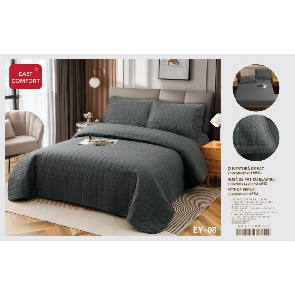 Set cuvertură matlasată 4 piese cu husă de pat cu elastic și fețe de pernă – Gri antracit, CSV 044